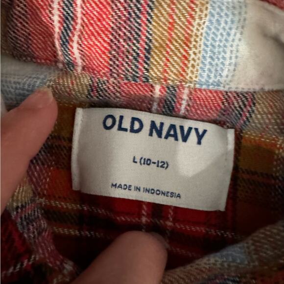 Old Navy Red Plaid Flannel Button Down and Light Orange Ribbed Tie Front Top - Picture 11 of 12